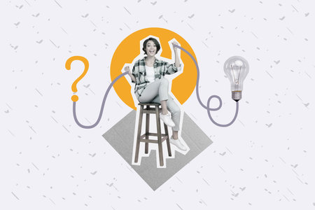 Photo banner creative collage of young girl smart found solution invention sitting stool finally hooray isolated on grey backgroundの写真素材