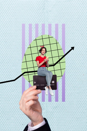Photo collage picture of arm holding lady sitting credit card chatting gagdet isolated graphical backgroundの写真素材