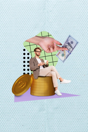 Collage 3d sketch image of relaxing guy drinking tea getting passive income isolated painting backgroundの写真素材