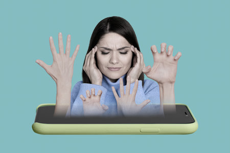 Magazine template collage of exhausted mature lady social media app user tired false web information fading hands attackの写真素材