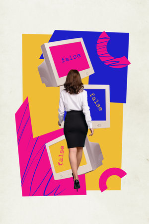 Creative color banner collage of brainwashed young lady walk in computer vintage screen control on social network channel fake newsの写真素材