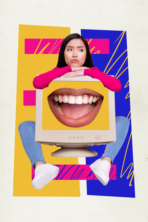 Vertical creative illustration photo collage of upset dissatisfied girl hold hands on monitor...