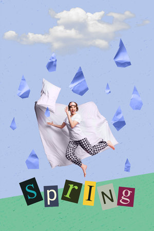 Collage retro sketch image of excited lady having fun rainy march mature isolated painting...