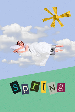 Photo comics sketch collage picture of dreamy lady sleeping clouds enjoying march weather isolated creative backgroundの写真素材