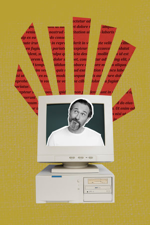 Vertical collage image of black white gamma minded man inside pc monitor think text isolated on...