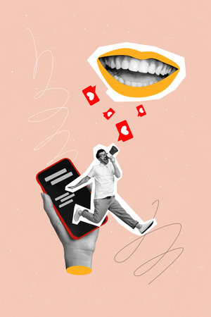 Vertical collage of young virtual personage scream loudspeaker likes notifications repost mouth enjoy content isolated on beige backgroundの写真素材