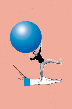 Collage photo illustration of human young guy holding huge blue shape round sphere ball element figure isolated on peach color backgroundの写真素材