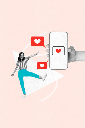Vertical photo collage advertisement famous blogging dance woman matches feelings online heart icon isolated on pink color backgroundの写真素材