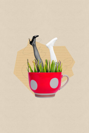 Vertical collage of human legs socks hipster sneakers and business lady high heel inside porcelain teapot isolated on beige backgroundの写真素材