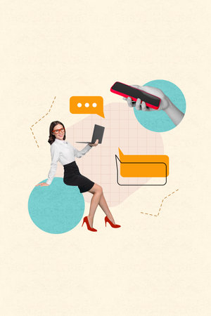 Vertical collage picture of mini elegant girl hold use netbook big black white colors arm hold smart phone dialogue bubble chattingの写真素材