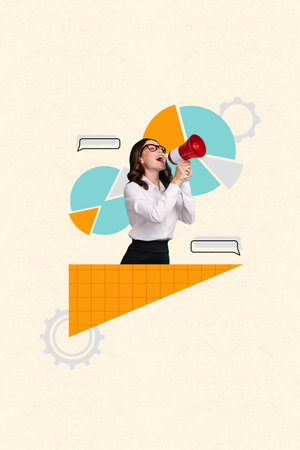 Vertical collage picture of elegant excited girl hold loudspeaker toa say tell dialogue bubble stats diagram cogwheel settingsの写真素材