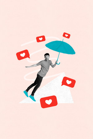 Creative graphics collage image of carefree funky guy flying umbrella getting likes isolated pink color backgroundの写真素材
