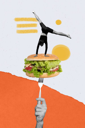 Collage illustration promo placard menu hamburger eating fresh healthy homemade sandwich twine sportswoman isolated on drawn backgroundの写真素材