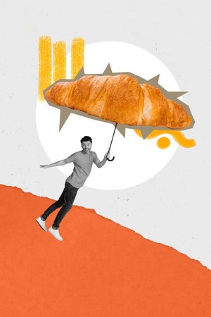 Vertical collage design 3d picture of funny flying parasol look like abstract french bakery croissant isolated on grey color backgroundの写真素材