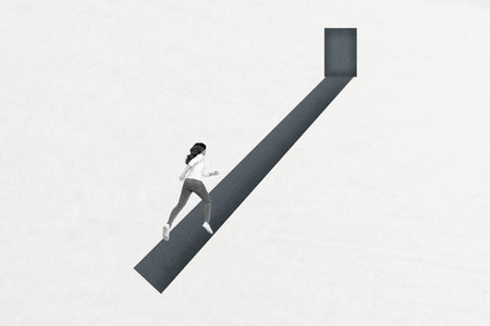 3d retro creative artwork collage of lady running one way road route door isolated white color backgroundの写真素材