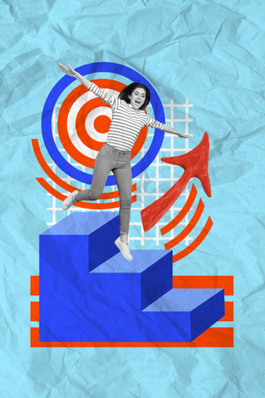 Photo collage artwork picture of carefree lady running working stairs getting target isolated graphical backgroundの写真素材