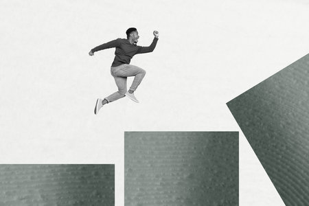 Photo collage artwork minimal picture of purposeful excited guy running achieving success isolated graphical backgroundの写真素材