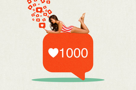Creative graphics collage painting of sexy lady lying getting many likes isolated white color backgroundの写真素材