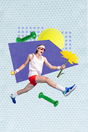 Vertical collage running athlete hold tennis ball and flower daisy gift his triumph trophy celebration isolated on blue drawn backgroundの写真素材
