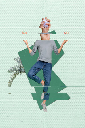 Vertical collage image of headless meditation focused absurd man hand hold paper crumpled trash clean his mind isolated on green backgroundの写真素材