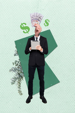 Vertical absurd collage of headless smart money financier businessman hold tablet find more commerce projects isolated on green backgroundの写真素材