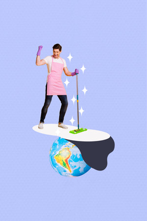 Banner pop sketch collage artwork of crazy guy housekeeper washing earth sphere planet pollution...