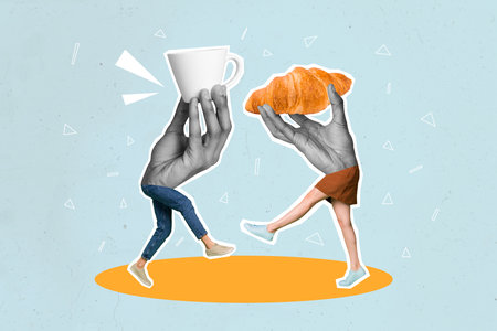 Creative composite illustration photo collage of bodyless people hands instead of body hold cup croissant isolated on drawing backgroundの写真素材