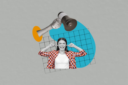 Photo banner template collage of young woman avoid listen loud voice megaphone speech irritated bad warning isolated on plaid backgroundの写真素材