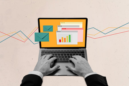 Creative composite abstract photo collage of hands typing messages on laptop analyzing financial market isolated on beige color backgroundの写真素材