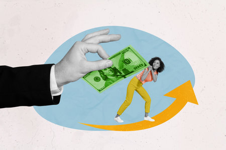 Composite photo collage of young business lady carry huge dollar banknote benjamin franklin...