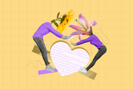 Creative drawing collage picture of funny energetic active couple date jumping heart shape head dreamy flowers floriculture bloomの写真素材