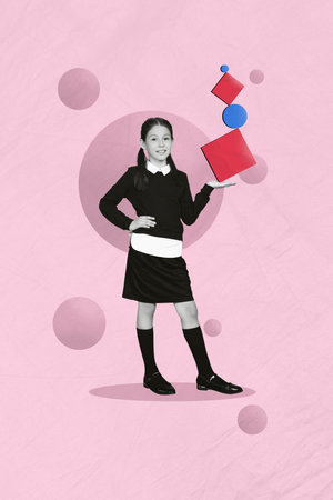 Template creative collage of smart genius kid college student solving math geometry challenge with figuresの写真素材