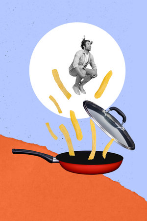 Collage vertical picture illustration calories portion unhealthy vegetable drying pan french fries...