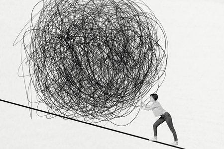 Creative composite 3d photo collage of astonished stressed exhausted girl pushing up doodle ball isolated on white color backgroundの写真素材