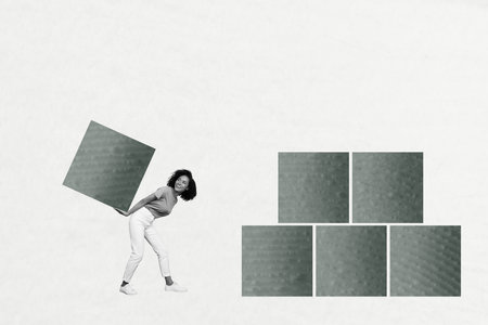 Artwork magazine collage picture of strong lady building big pyramid isolated drawing white color backgroundの写真素材