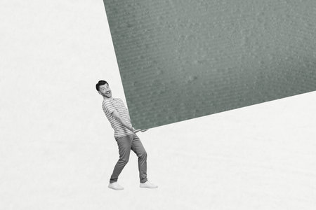 Artwork magazine collage picture of purposeful guy trying solve big pressure problems isolated white...