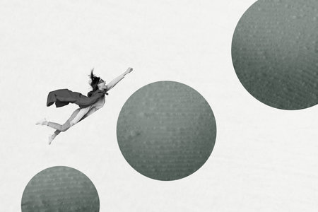 Photo collage artwork of purposeful cool super woman flying achieving success isolated white color backgroundの写真素材