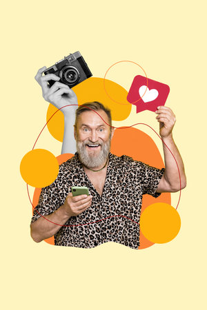 Vertical collage of excited grandfather hold smart phone like notification black white colors arm...
