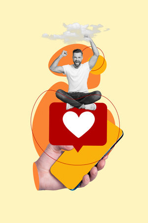 Vertical collage of arm hold smart phone display mini excited happy guy raise fists clouds like...
