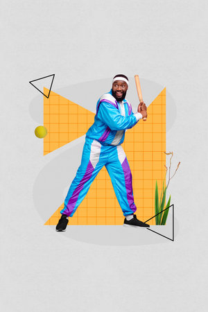 Exclusive magazine picture sketch collage image of funky excited guy plating baseball isolated grey color backgroundの写真素材