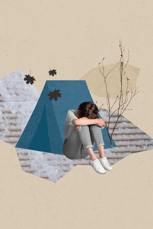 Vertical collage picture of unsatisfied devastated girl sitting near camp tent falling maple leaf tree isolated on beige backgroundの写真素材