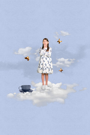 Vertical picture collage artwork of dream cute little schoolgirl small miniature cup teatime imagine isolated on blue sky clouds backgroundの写真素材