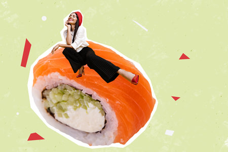 Creative collage picture of mini elegant lovely girl sitting big sushi roll isolated on painted artwork green backgroundの写真素材