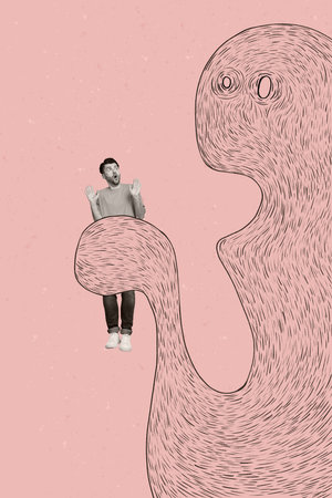 Photo collage artwork minimal picture of scary strange monster catching scared man isolated creative...