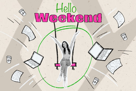 Photo collage artwork picture of excited carefree lady rising swing finishing work enjoying weekend isolated graphical backgroundの写真素材