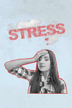 Creative abstract template collage of stressed young female hand touch head headache migraine depressed student prepare exams stressの写真素材