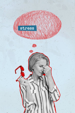Creative drawing collage picture of stressed depressed old mature female migraine headache stressful job boss chief employee mental healthの写真素材