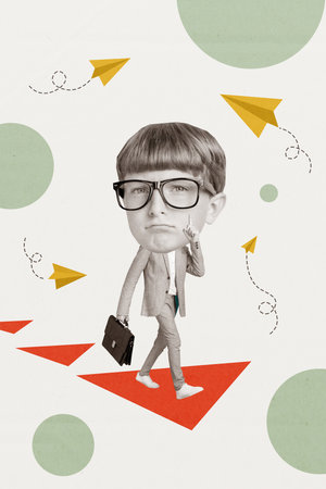 Collage 3d pinup pop retro sketch image of funny smart boy walking starting education isolated painting backgroundの写真素材