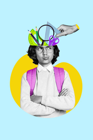 Photo collage picture of thoughtful brainstorming schoolboy folded arms hmm look empty space head science isolated on blue backgroundの写真素材