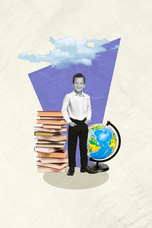 Vertical composite collage of young boy studying school wear uniform classroom geography map learn books isolated on drawing backgroundの写真素材